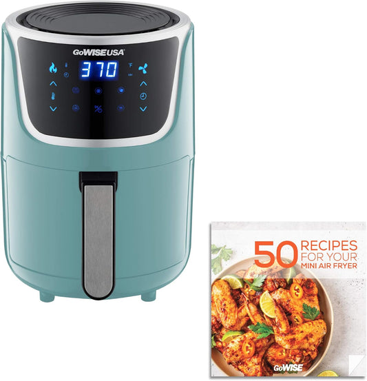 Electric Mini Air Fryer with Digital Touchscreen + Recipe Book, 1.7-Qt up to 2 Qt Max, Mint/Silver